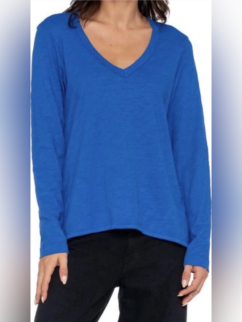 Eileen Fisher Blue Linen Cotton V-Neck Long Sleeve Pull On Summer Sweater Sz L